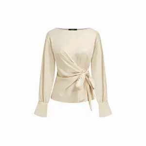 Cider Satin Boat Neck Twist Knotted Blouse