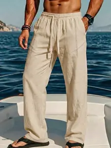 Men's Fashion Casual Drawstring Long Pants with Pocket, High-End Linen Blend, Breathable Warm, Ideal for Golf, Travel, Outdoor Activities, All Seasons