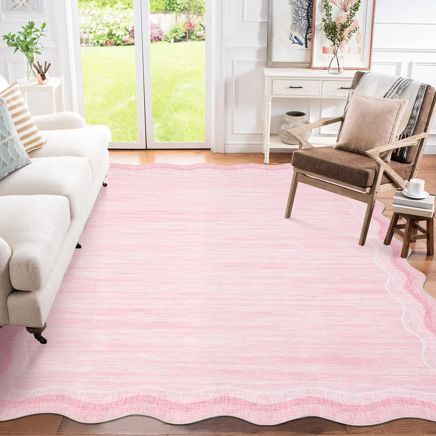 GARVEE Scalloped Pink Rug 5x7ft Modern Solid Living Room Carpet, Non-Slip Contemporary Rug for Girls, Machine Washable Low Pile Indoor Rugs for Entryway,Playroom,Dorm,Office, Pink