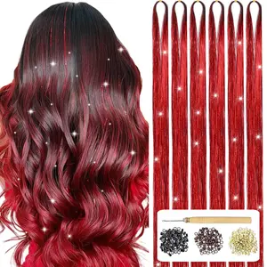 Hair Tinsel Kit With Tools 6 count 1200 Strands Red Tinsel Hair Extensions Heat Resistant Fairy Glitter Hair Extensions Sparkling Shiny Hair Accessories for Girls Women  (Red)
