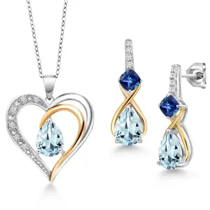 Teardrop Pendant Necklace Earrings Set for Women | Gemstone Birthstone Blue Created Sapphire and Lab Grown Diamond | 925 Silver & 10K Yellow Gold | Pear 8X6MM | Cushion 4MM | 18 Inch Chain