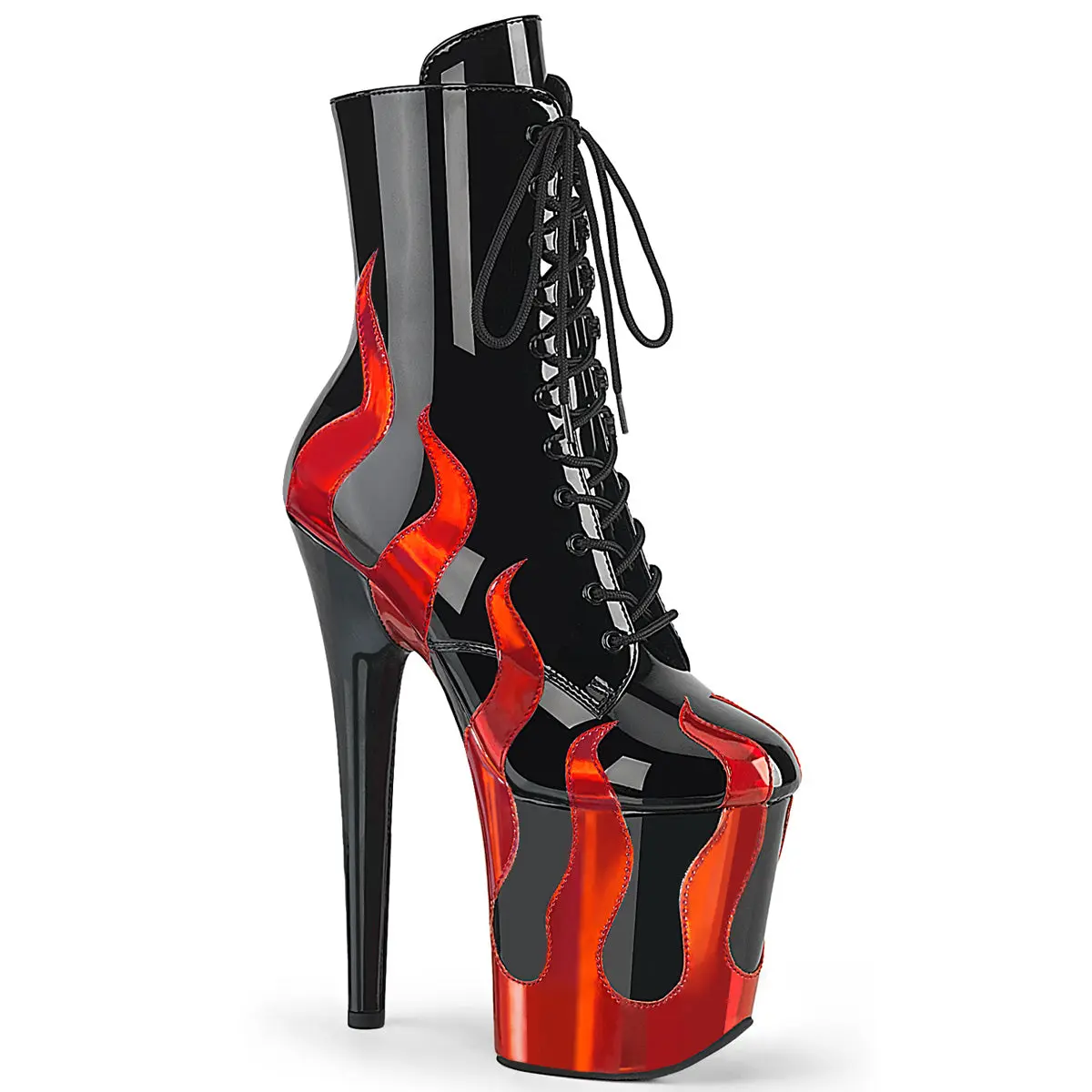Pleaser Women's Flamingo-1020FLM 8" Heel Lace-Up Platform Ankle Boots in Black Patent Vegan Leather with Red Metallic Flames, Shoe