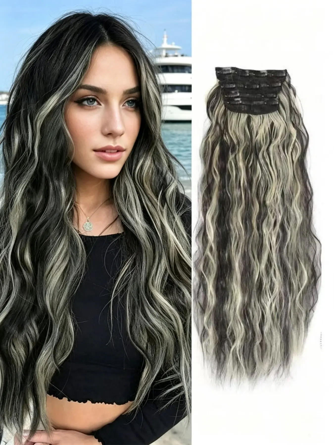 🌟 Natural Balayage Clip-In Wavy Hair Extensions | Thick Double Weft Premium Synthetic Hairpieces with Secure Clips, Seamless Extensions, Invisible Design for Instant Volume & Length
