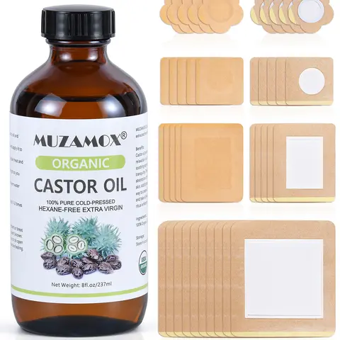 MUZAMOX 40pcs Disposable Chemical-Free Castor Oil Peel-Off Patches - Premium Plant Oil, Organic Cotton Wrap for Liver & Belly Button, Multi-Size for Arms, 8oz Amber Glass Bottle Included