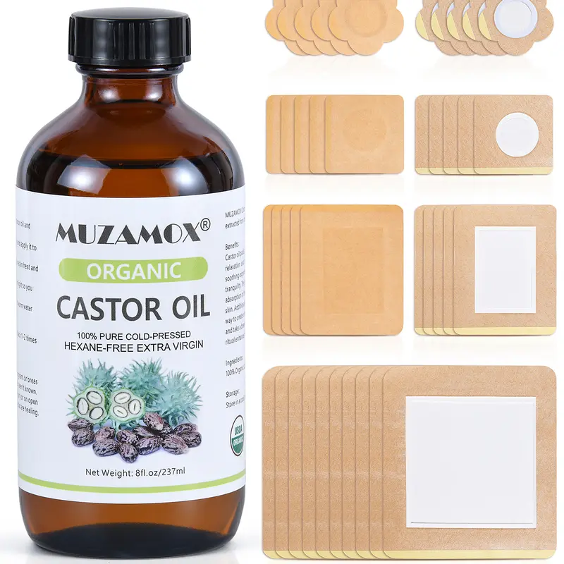 MUZAMOX 40pcs Disposable Chemical-Free Castor Oil Peel-Off Patches - Premium Plant Oil, Organic Cotton Wrap for Liver & Belly Button, Multi-Size for Arms, 8oz Amber Glass Bottle Included
