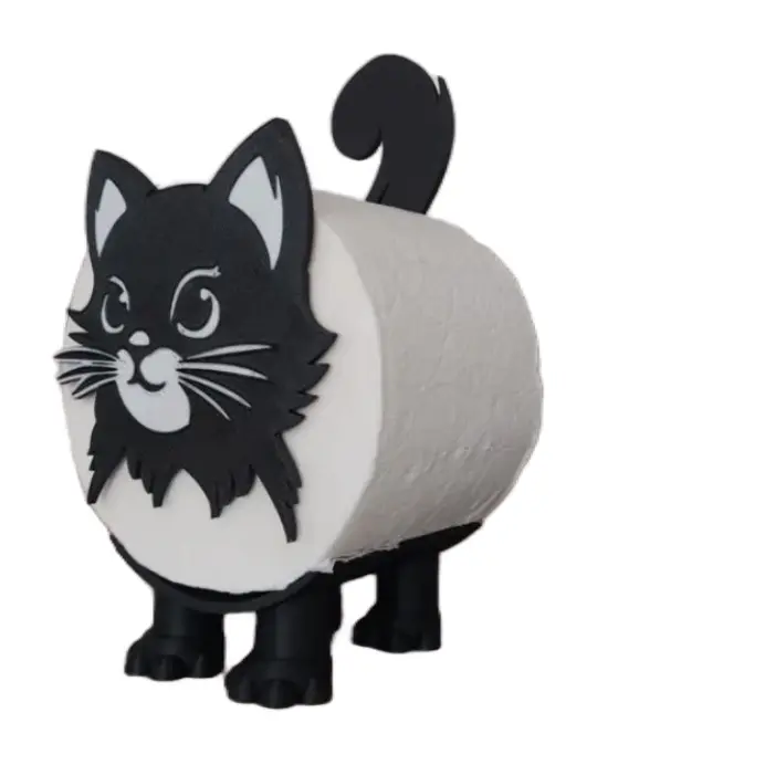 Cat Toilet Paper Holder - Black and White Design with Cute Cat Face and Tail for Bathroom Decor