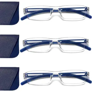 3 pairs of reading glasses, blue light blocking glasses, computer reading glasses for men and women, fashionable rectangular one-piece glasses frame+1.0(Blue)