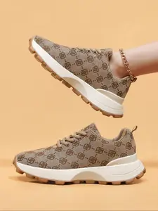 Women's Fashionable Floral Pattern Lace Up Low Top Sneakers, Casual Comfortable Sports Walking Running Shoes, Sporty Running Shoes, All-match Round Toe Chunky Sneakers for Daily Wear