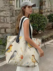 Floral Bird Pattern Drawstring Tote Bag, Large Capacity Shopping Bag, Durable and Wear-Resistant, Suitable for Work, Shopping, Picnic