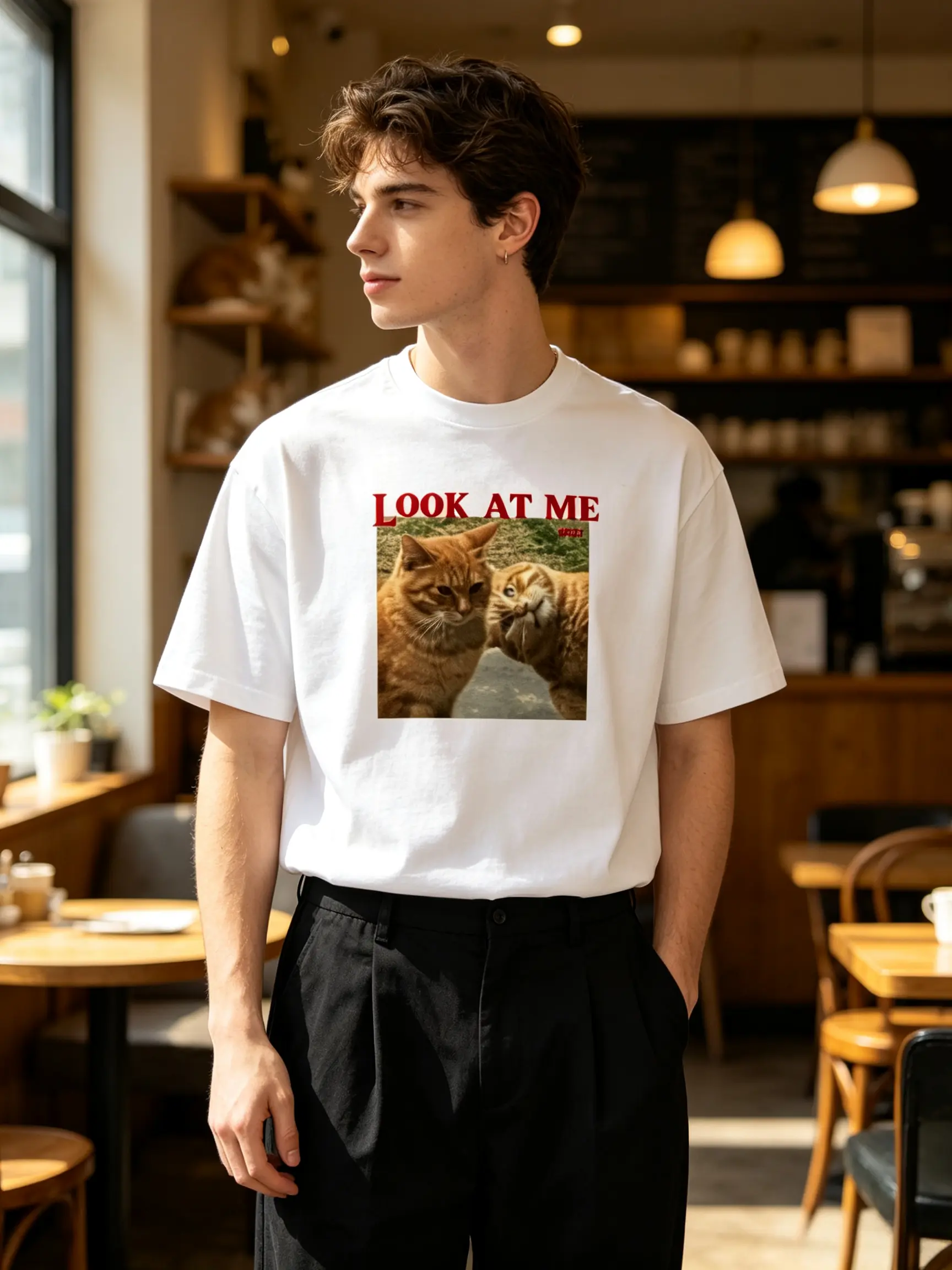 LOOK AT ME! Unisex Vintage Graphic T-Shirt Couple Tee Oversized Crew Neck Top Unique Internet Funny Cat Photo Meme Cat Graphic Red Lettering Y2K Streetwear Aesthetic Outfits Back To School Outfit Soft Heavyweight Cotton Top Buy Funny t Shirts Online