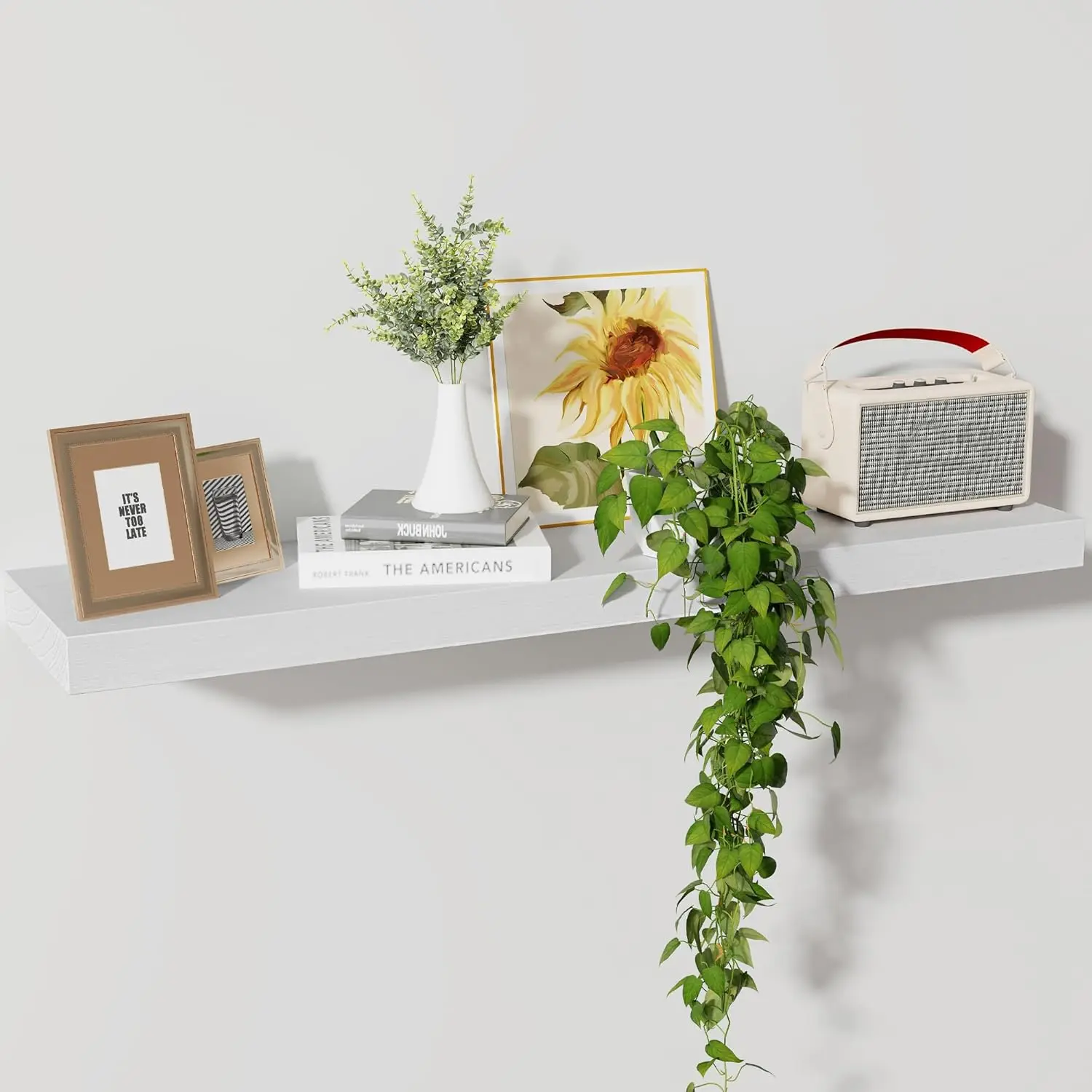 Floating Shelves, 8 Inch Deep Rustic Solid  Wall Shelves for Storage, Wall Mounted Display Shelving with Invisible Heavy-Duty Metal Bracket, 36" W x 8" D x 1.6" H, Distressed White