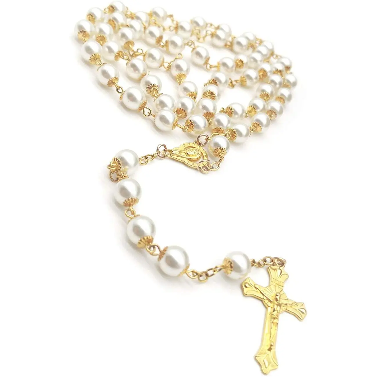 Rosary Beads Catholic for Women Girls, First Holy Communion Rosary Gifts for Girls Catholic, Gold White Rosary Necklace for Women Imitation Pearl Beads Necklace Rosarios Catolicos