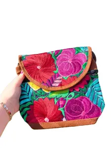 Mexican Handcrafted Floral Embroidered Purse - Vibrant Colorful Design, Adjustable Straps, Snap Closure, Suede Material, 10x9 Inches, Meaningful Gift for Women