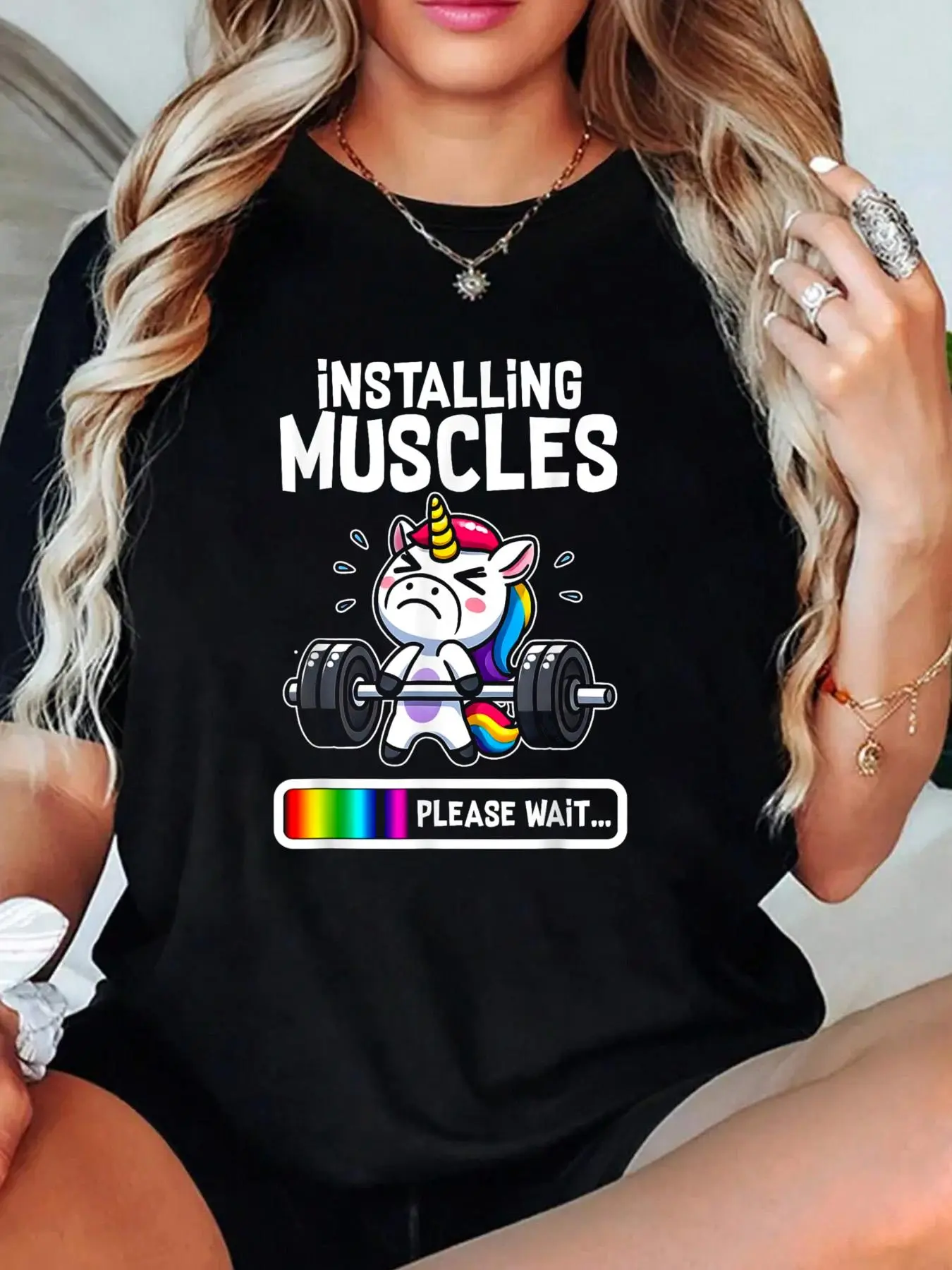 100% Cotton Funny Cute Unicorn Workout Gym Fitness Weightlifting Gift T-Shirt Graphic Tee Women Tops, Summer Short Sleeve Women T-Shirt Clothing