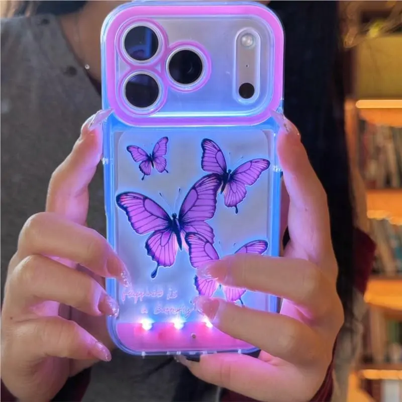 Change Color Luminous Call Light Up Purple Butterfly pattern Phone Case For iPhone 16 15 13 12 11 14 17 Pro Max Plus Air X XSMax