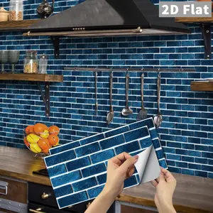 Vintage Tile Stickers FG PVC Crystal Film Dark Blue Long Strip Self-Adhesive Marble Tile Stickers Peel and Stick Backsplash Rectangle DIY Waterproof Oil-Proof Wall Decals for Kitchen Bathroom Floor Tile Wood Home Decor 6/24/48 PCS/Box