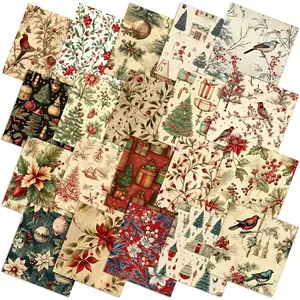50pcs Vintage Christmas Fabric Squares | Rustic Precut Strips with Santa, Cardinals & Poinsettias | Assorted Geometric Designs for Quilting & DIY Crafts | Festive Patchwork Material for Holiday Decor