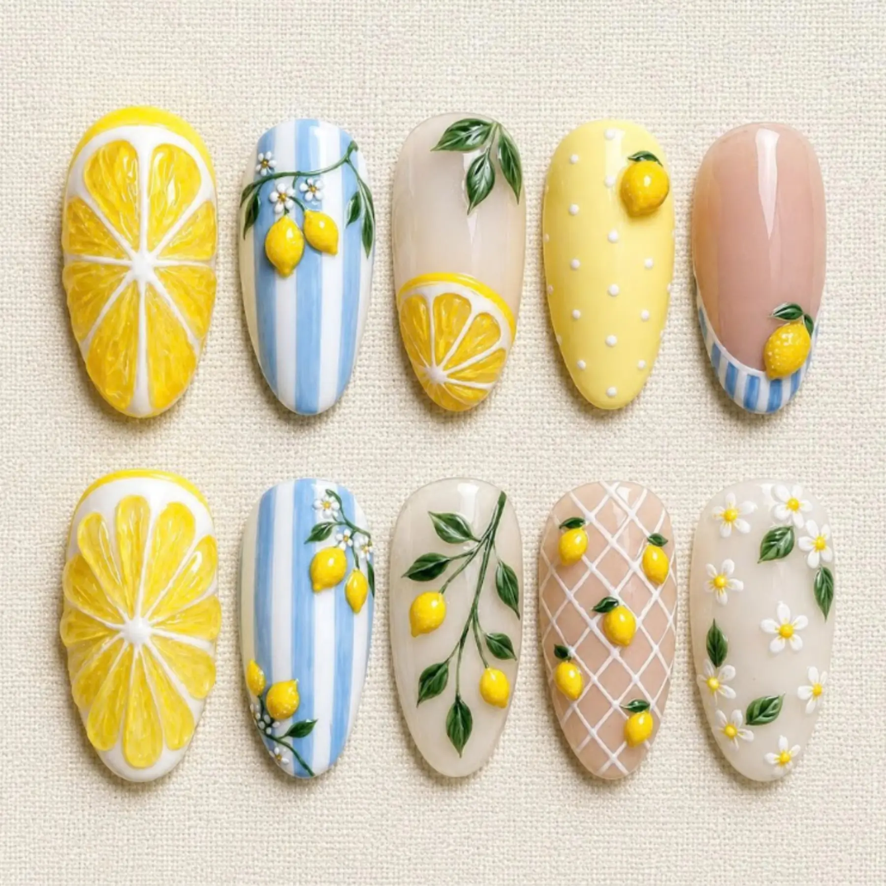 Summer Lemon Blossom Press On Nails Handmade, 3D Citrus Fruit with Blue Stripe, Daisy Flower and Botanical Leaf Design, Glossy Reusable Gel Fake Nails, Fresh Garden Style