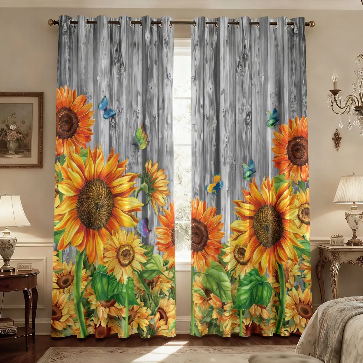 Sunflower Window Curtain for Living Room, Rustic Wood Country Wooden Decor ,Rustic Flowers Butterfly Theme Blackout Grommet Window Drapes for Bedroom Kitchen Home Decor-2panels