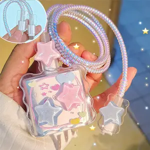 Pink Cute Charger Cord Protector 1 Piece Elegant Star Pattern Charging Cable Protector Compatible with 18W 20W Chargers for iPhone and iPad Soft Case Drop Resistant Christmas Gift - Smartphone Cellphone Protection