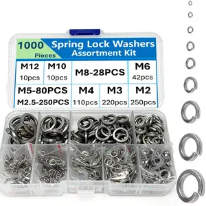 1000pcs Spring Lock Washers Assortment Kit, Hardware, M2 M2.5 M3 M4 M5 M6 M8 M10 M12 Metric Split Lock Washer Set,Lock Washers for Screws Bolts
