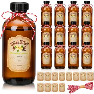 12 Pack Amber Glass Bottle Boston Round Bottles with Caps Brown Vanilla Extract Jars and 12 Pcs Vanilla Extract Stickers for Syrup Gift Glass Jar Food Storage Canister Set Sauce Beans(8 oz)