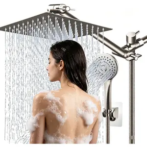 8” Square Shower Head with Handheld Spray Combo, High Pressure, 11” Adjustable Extension Arm, Flow Regulator, Easy Install Chrome Bathroom Shower System