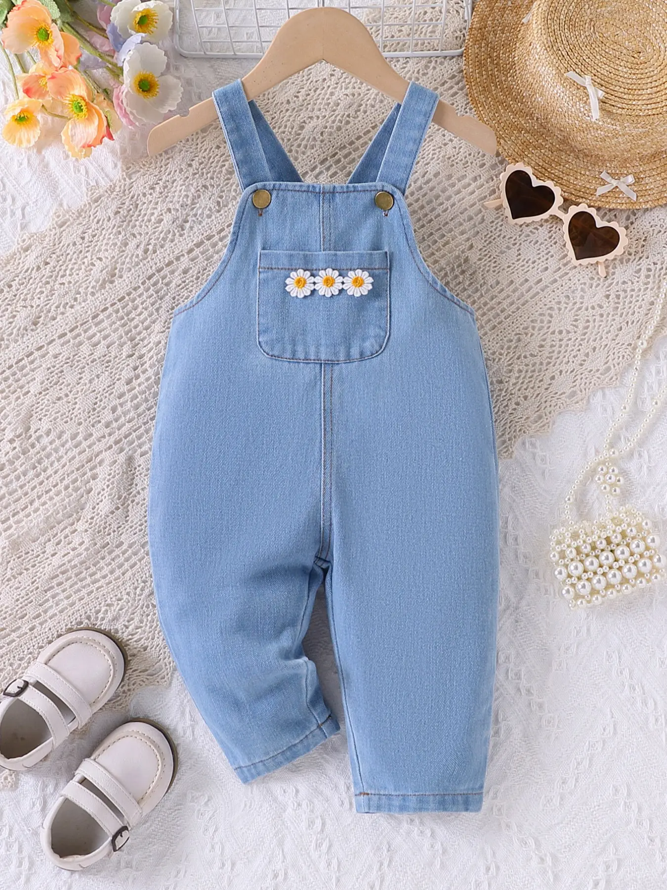 Girls' Soft Denim Overall Pants, Daisy Embroidery, Adjustable Shoulder Straps, Front Pockets, Casual Style, 3 Months - 3 Years, Toddler Denim Overalls, Baby Clothing