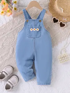 Girls' Soft Denim Overall Pants, Daisy Embroidery, Adjustable Shoulder Straps, Front Pockets, Casual Style, 3 Months - 3 Years