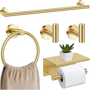 5 Pieces Brushed Gold Bathroom Hardware Set, 23.6 Inch Wall Mounted Towel Rack Towel Holder, Upgraded Toilet Paper Holder with Shelf, Gold Bathroom Accessories Set for Bathroom