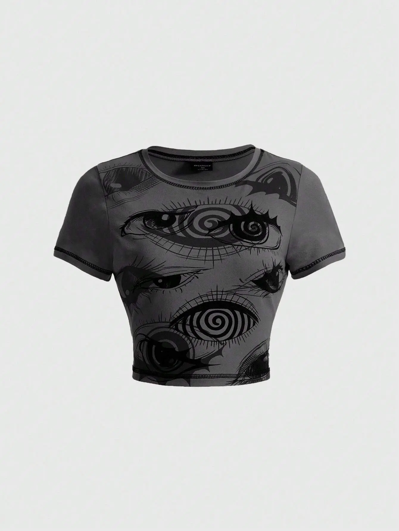 LALUZ Eye Print Crop Top Grunge Punk Stitching Tee Graphic Short Sleeve Aesthetic E-Girl Streetwear Edgy Festival Rave Concert Outfit