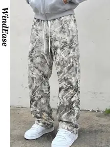 Men's Camouflage Wide Leg Long Drawstring Casual Pants, Lightweight Breathable Streetwear, Outdoor Hiking, Music Festival, Night Out