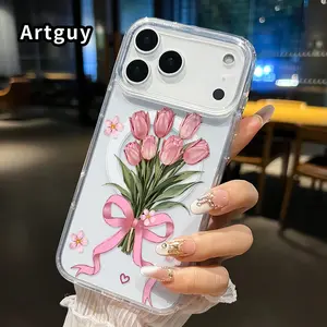 Pink Tulip Bouquet Pattern Magnetic Phone Case for iPhone 17 16  Pro Max Plus 15 14 13 12 11 Air E Anti-Yellowing Shockproof Lightweight Transparent Acrylic Large Hole Soft Cover Supports Wireless Charging