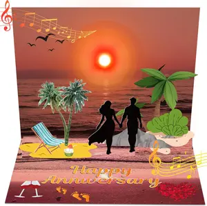 Anniversary Card with Music and Lights, 3D Pop Up Happy Anniversary Cards for Women Men Wife Husband Couple, Beach Vacation Invitation Card for Him or Her