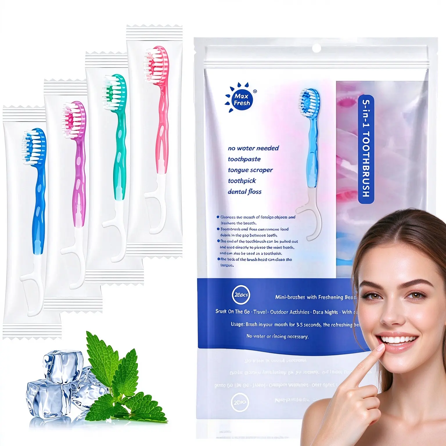 52 Pack 5-in-1 Mini Waterless Disposable Toothbrushes, Mixed Multiple Flavors, Built-in Toothpaste, Floss, Tongue Scraper & Toothpick | Ideal for Travel, Work & Hotel