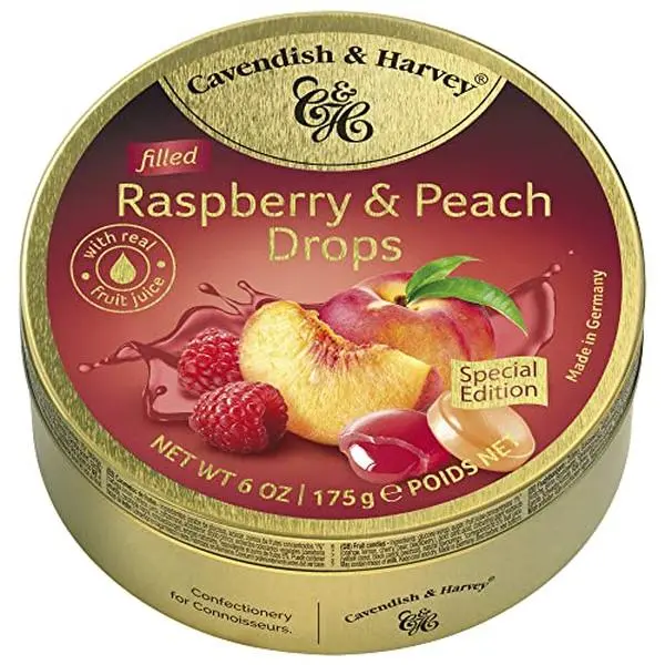 Cavendish & Harvey | Raspberry & Peach Filled Hard Candy Drops | 6 Ounce Tin