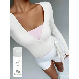 Soft, High Elasticity Pink Yoga Fitness Sports Wrap V-Neck Long Sleeve Crop Top, Fashion, Casual, Elegant All-Match Essential Design For Women, Spring & Autumn Fall Cloth For Women