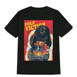 Men's Casual Graphic T-Shirt - Pulp Fiction Movie Art Print with Female Character Design, Black Round Neck Summer Tee, Machine Washable Regular Fit, Gift for Men, Movie T Shirts streetwear style Cotton Printed Round Neck T-Shirt