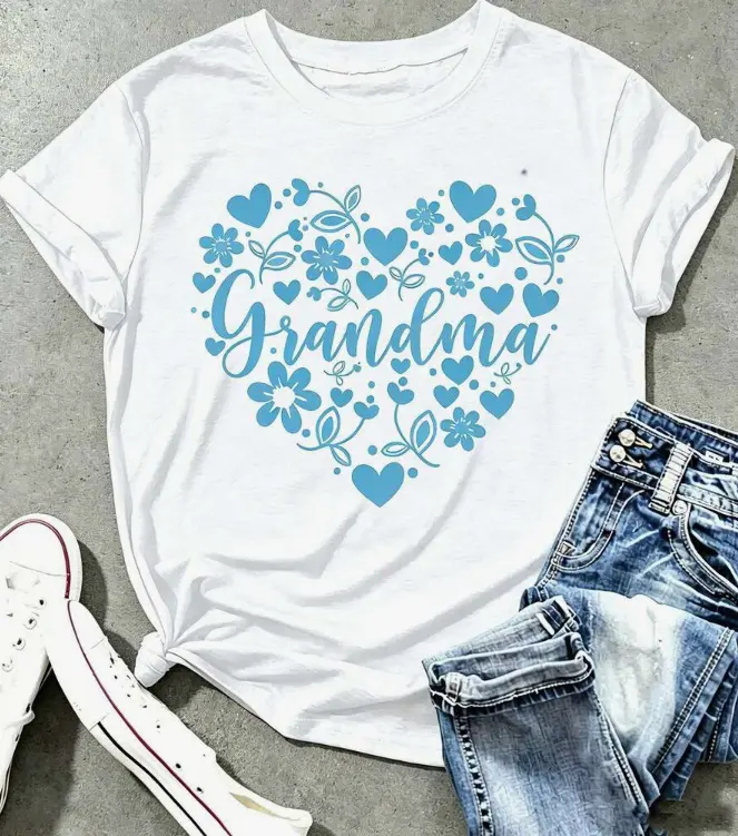 Grandma Shirts Women Grandmother Heart Printed Tshirt Floral Mama Casual Tee Mother Short Sleeve Top ShirtSoft Fabric,Plus Size Women's Clothing