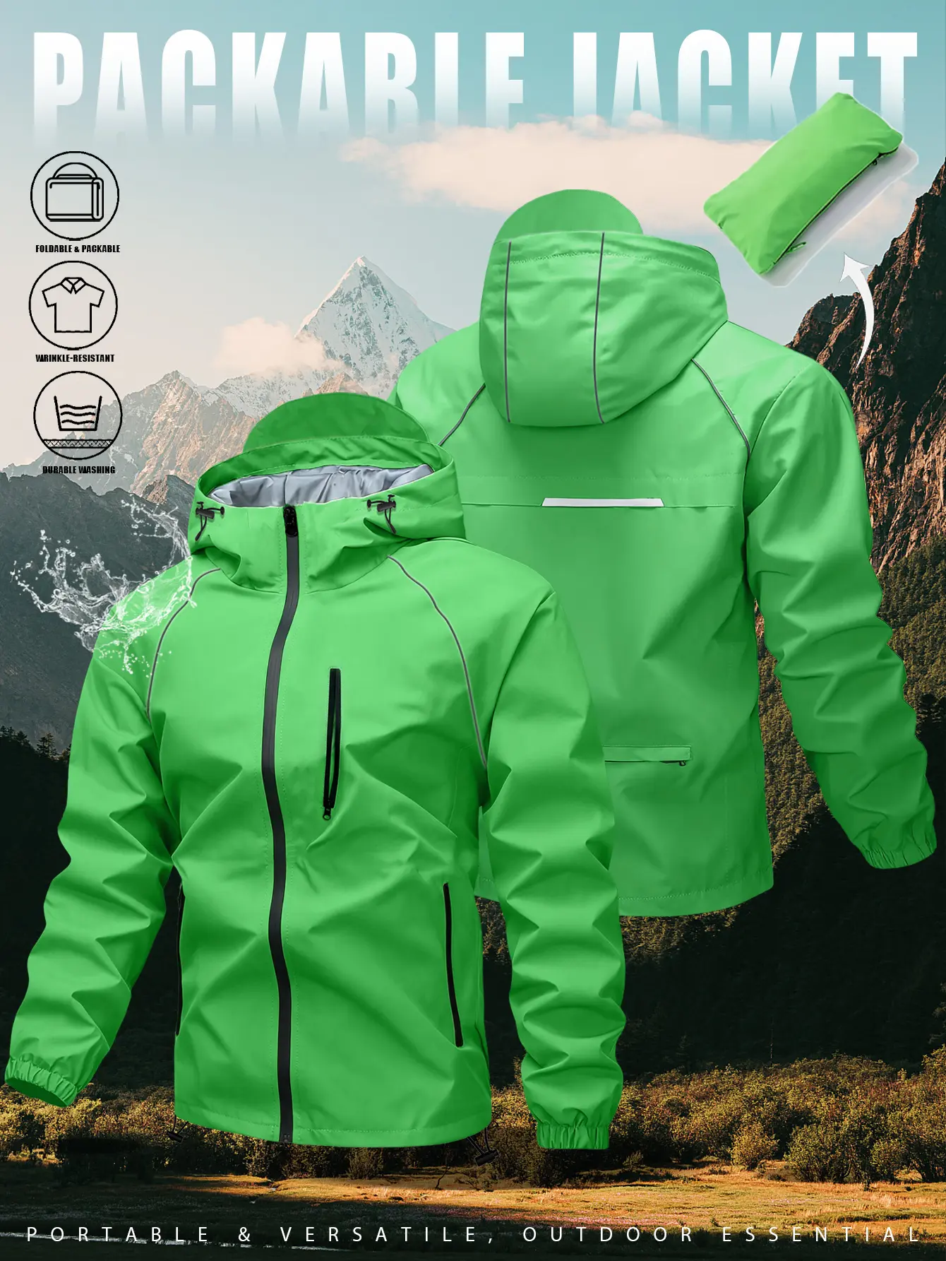 Men's Long-Sleeve Waterproof Plain Foldable Polyester Cargo Hooded Jacket - Color-Block Top, Zipper Closure, European-American Street Casual Loose Fit, Suitable for Outdoor Hiking, Mountaineering