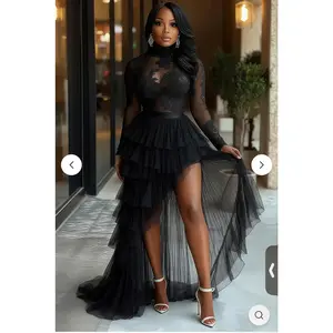 Illusion Mock Neck Tiered Mesh Party Maxi Mullet Dresses-Black MEDIUM