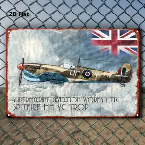 1PC 2D Flat, Spitfire Mk Vc Trop British WWII Fighter Metal Sign, Decorative Plaque, Vintage Aviation Decoration with Union Flag, Heavy Iron Construction, Easy to Hang Pre-Drilled Design, Suitable for Home, Office, Man Cave, 8x12inch