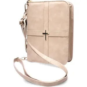 Elegant Practical Bible Cover Case for Women with Shoulder Strap, Light Beige PU Leather Feminine Bible Bag, Hardwearing Soft Bible Covers for Ladies