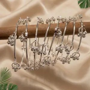 Kashmiri Ghungroo Bangles Set: Silver Tone Traditional Indian Bridal Jewelry pack of 8