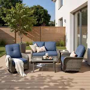 CAODOC Wicker Patio Furniture Set with Swivel Rocker Chairs Outdoor Loveseat Sofa and Rattan Coffee Table, 5 Pieces Outdoor Conversation Sets for Patio Porch Deck Backyard Poolside