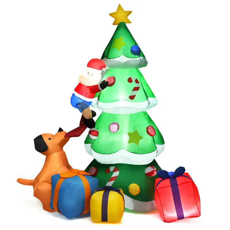 Inflatable Christmas Tree with Santa Claus & Puppy Decorations 7 Feet 190T Polyester Fiber Multi-color Garden & Cheongsam Party Dress Plush Non-Slip Gingerbread Mat