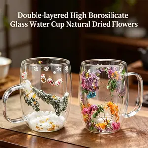 Dried Flower Double-Walled Glass Cup, High Appearance Level Creative Household Coffee Mug with Handle, Real Flower Internet-Famous Quicksand Milk Cup
