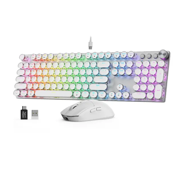 SABLUTE KM81 Wireless Mechanical Keyboard and Mouse Combo , 104-Key, Round Keys, Silver RGB backlighting, 2.4 GHz wireless, USB-C wired keyboard mode, red switches, multifunction knob, quiet mouse, Win and Mac