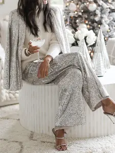 Christmas Elegant Women's Silver Color Beaded Suit Set, Sparkle Blazer and Pants, Fitted High Waist Long Sleeve, All Seasons, Fashion Business Outfits