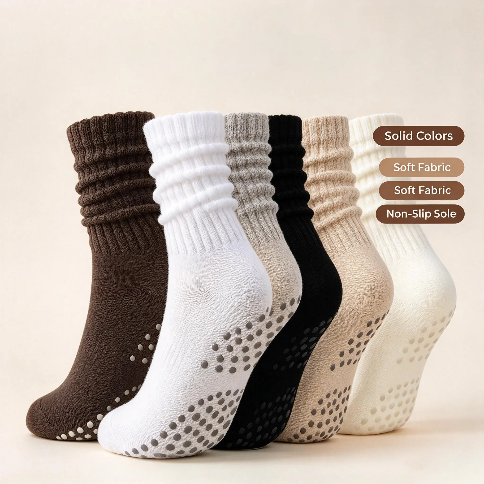 Women's Basic Minimalist Scrunch Cuff Grip Crew Socks - Non Slip for Yoga, Pilates, Workout - 6 Pairs Pack Womenswear
